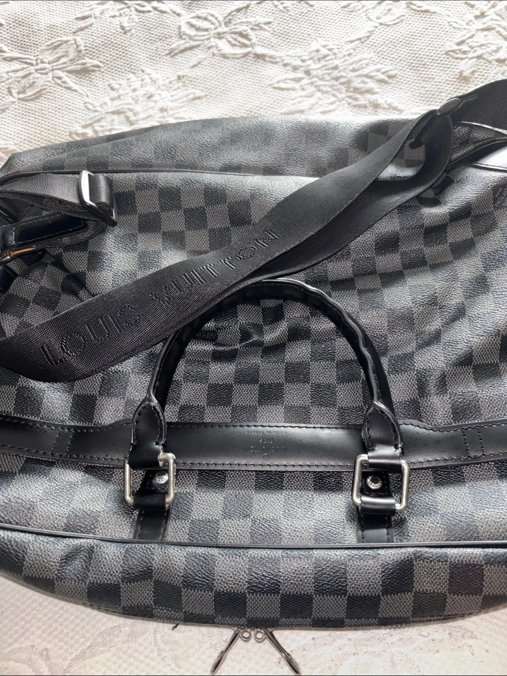 Men's Black Checkered Laptop Briefcase with Shoulder Strap
